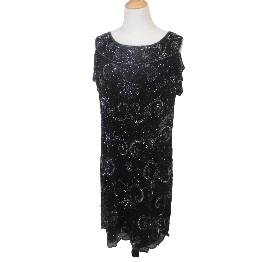 Prelude by Avon Black Beaded Cold Shoulder Cocktail Dress Floral Sequin Size 14